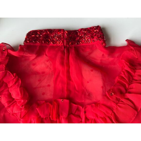 Vintage Red Ruffle & Crystal Embellished Long Sheer Dress Size Small - Picture 6 of 6